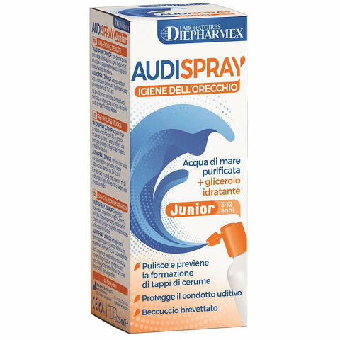 Audispray Junior 3-12 Anni Soluzione Di Acqua Di Mare Ipertonica Spray Senza Gas Igiene Orecchio 25ml
