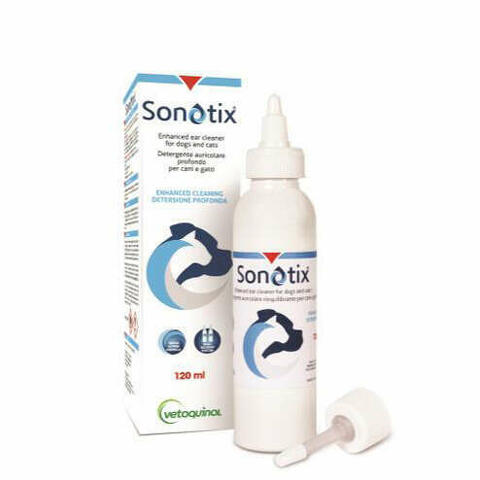 Sonotix Detergente Auricolare Profondo Cani E Gatti Flacone 120ml + Cannula Corta Rigida + Cannula Lunga Flessibile